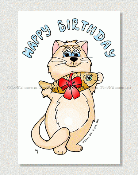 Cat by Ozzi Cat: Kitten With Fish - Happy Birthday