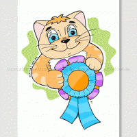 Cat Art by Ozzi Cat: Cat with Award Rosette - Thank You! Congratulations!