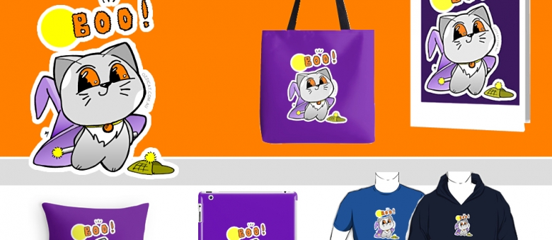 Halloween Cat “Cute Boo”: Stickers, Greeting Card, Bag, T-Shirt And More
