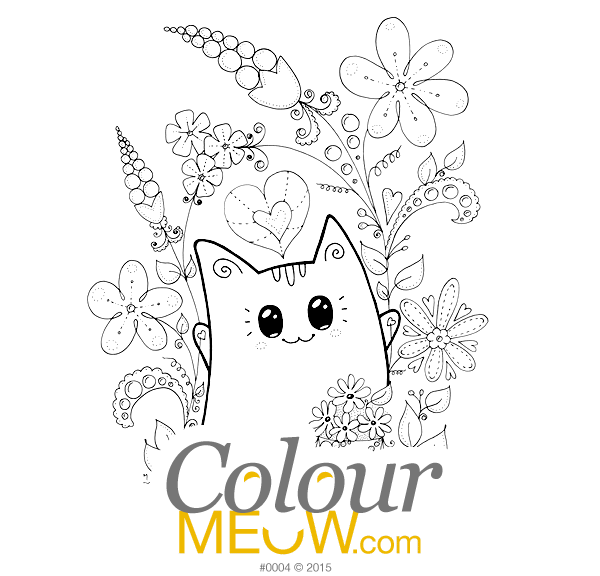 Colour Meow - Cat Colouring Pages - Neko Yoko - Cats flowers garden