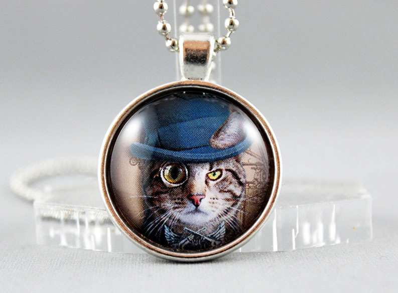 Pussy Cat Steampunk Style, Round Dome Glass Pendant Necklace - Gift for Cat Lover - Celebrate Cat Day