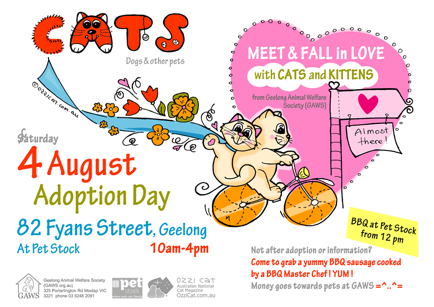 Geelong Animal Welfare Society (GAWS), Adoption Day, 4 August at Pet Stock