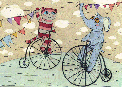 Postcard Cat and Elephant on Unicycle